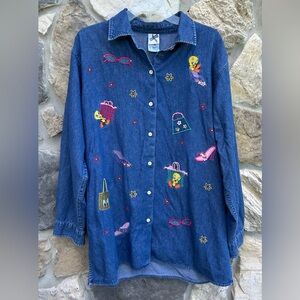 Vintage Warners Bros Tweety Bird Shirt Oversized Sz L Denim Button Up Embroidery
